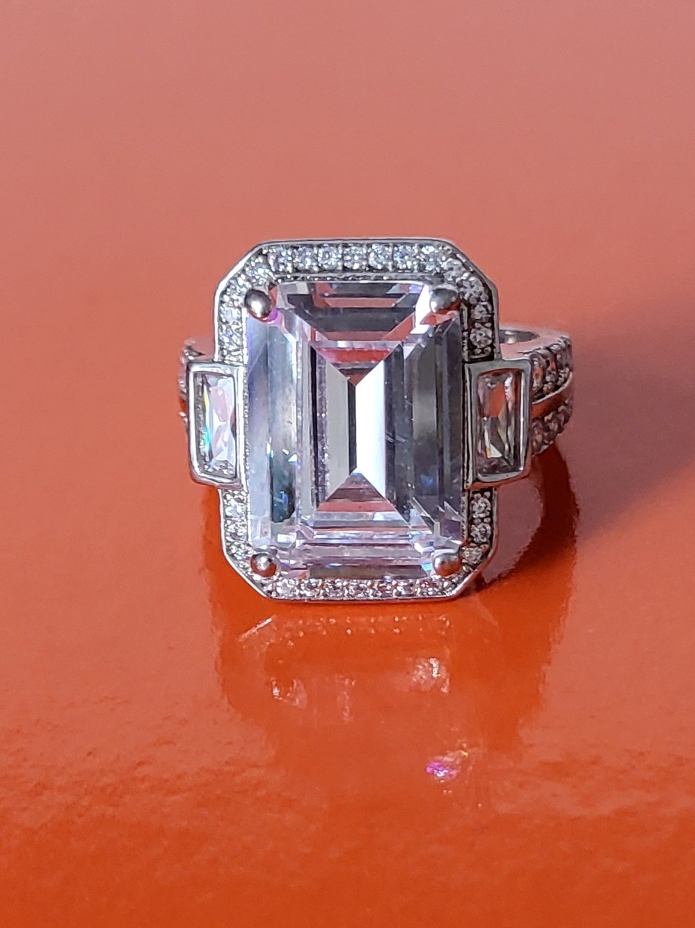 Vintage Estate Silvertone  Emerald-Cut Halo Cocktail Ring